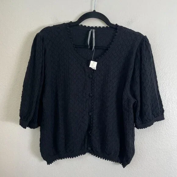 NEW By Anthropologie Womens XL Black Puff Sleeve Pointelle Knit Cardigan Sweater - Picture 10 of 13